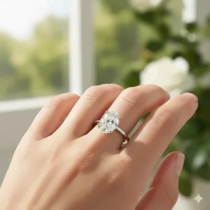 An elegant 2 carat oval engagement ring shown on a hand, highlighting the flattering elongation effect of the oval diamond.