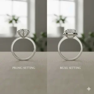 Detailed illustration comparing common setting styles for a 2 carat oval diamond, such as prong versus bezel.