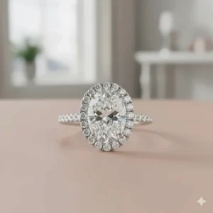 A beautiful 2 carat oval engagement ring featuring a sparkling halo setting to maximize its brilliance.