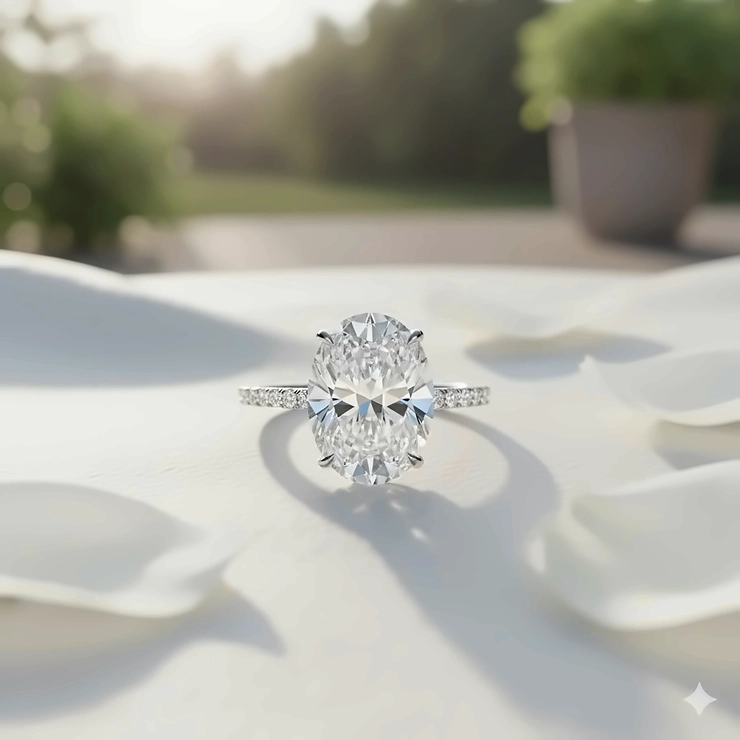 Stunning 3 carat oval diamond ring in a delicate pavé setting.