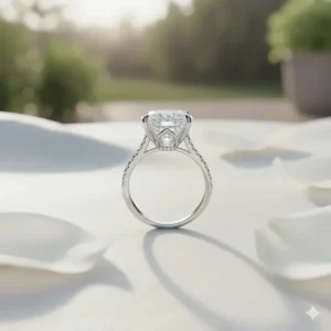 Side view detailing the cathedral setting and hidden halo of the 3 carat oval diamond ring.