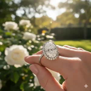 Beautiful 4 carat oval diamond ring modeled on a finger to show scale and wearability.