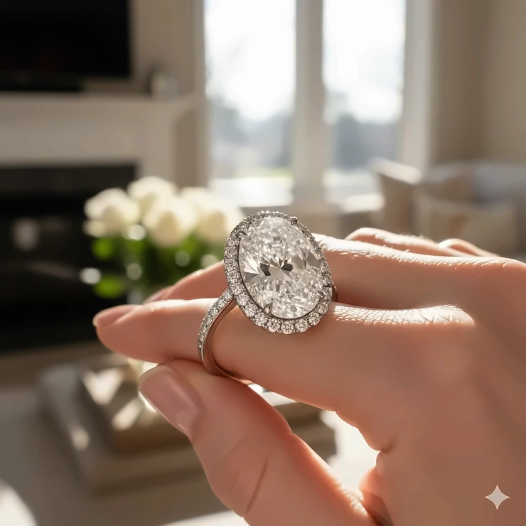 Stunning 4 carat oval diamond ring set in platinum on a hand, highlighting the sparkle and size.