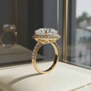 4 carat oval diamond ring set in classic 18k yellow gold.