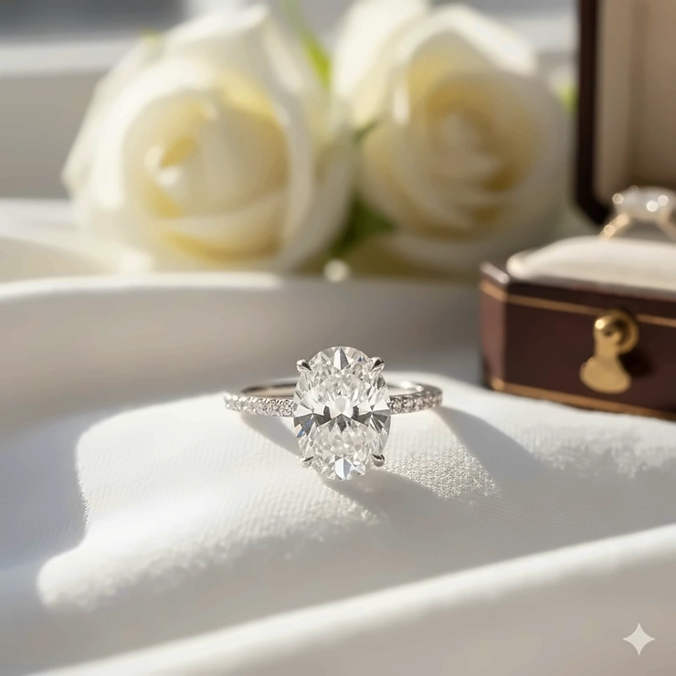A stunning 5 carat oval diamond ring set in platinum with a delicate pavé band.
