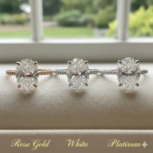 Various metal options for a 5 carat oval diamond ring setting, including rose gold.
