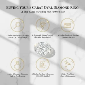 Graphic outlining the essential steps for buying a 5 carat oval diamond ring.