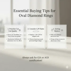 A summary graphic of essential tips for buying the best oval diamond ring size and understanding carat weight implications.