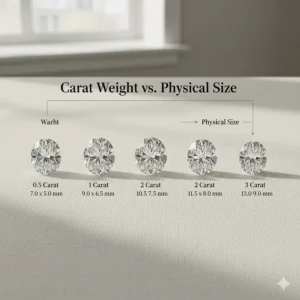 Diagram comparing carat weight of an oval diamond to its actual physical size in millimeters.