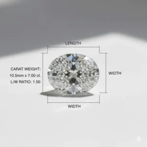 Diagram showing the specific dimensions and specifications of a loose 2 carat oval cut diamond.