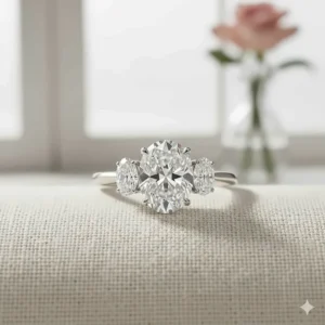 A sophisticated three-stone 2 carat oval engagement ring flanked by two smaller side diamonds.