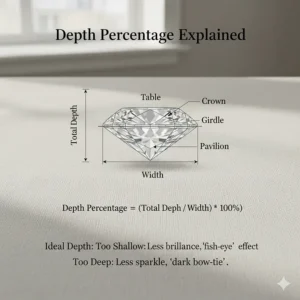 A technical illustration showing the depth percentage of an oval diamond and how it influences brilliance and perceived size.