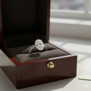 The elegant presentation box containing the beautiful 1 carat oval diamond engagement ring.
