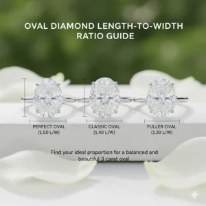 Chart explaining ideal length-to-width ratios for a desirable 3 carat oval diamond ring shape.
