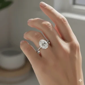 Close-up view of a 1 carat oval diamond ring gracefully worn on a hand, highlighting its elegant elongation.