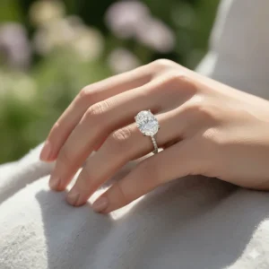 Close-up of a large oval diamond ring worn on a finger to show scale and brilliance.