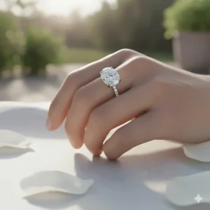 Close-up view of the 3 carat oval diamond ring beautifully displayed on a hand.
