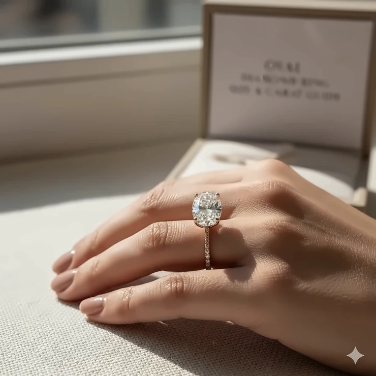 A close-up of a beautiful oval diamond ring on a woman's hand, illustrating the impact of carat size on finger coverage. Oval Diamond Ring Size & Carat Guide