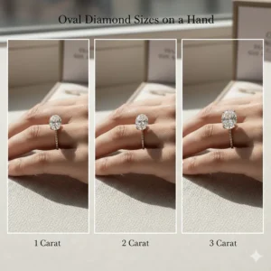 Visual comparison of oval diamond ring sizes (1, 2, and 3 carats) on a finger to show the difference in scale and appearance.