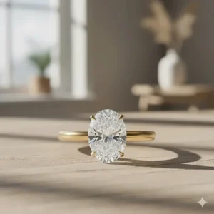 A luxurious 2 carat oval engagement ring set in a warm, timeless 18k yellow gold band.