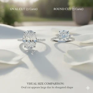 Comparison of an oval versus a round brilliant cut diamond to highlight the larger appearance of a 3 carat oval diamond ring.