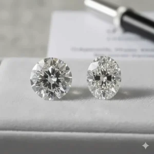 Visual comparison between a classic round diamond and the unique shape of a 1 carat oval diamond.