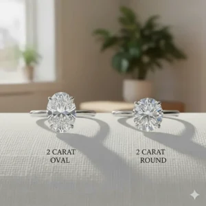Comparison image showing the perceived size difference between a 2 carat oval engagement ring and a 2 carat round brilliant cut.