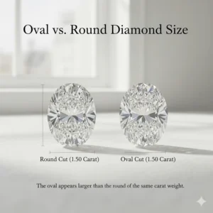 Side-by-side comparison illustrating how an oval diamond appears larger than a round cut of the same carat weight.