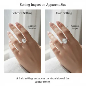 Example images showing how different ring settings (like halo or solitaire) can affect the apparent size of a 1-carat oval diamond.