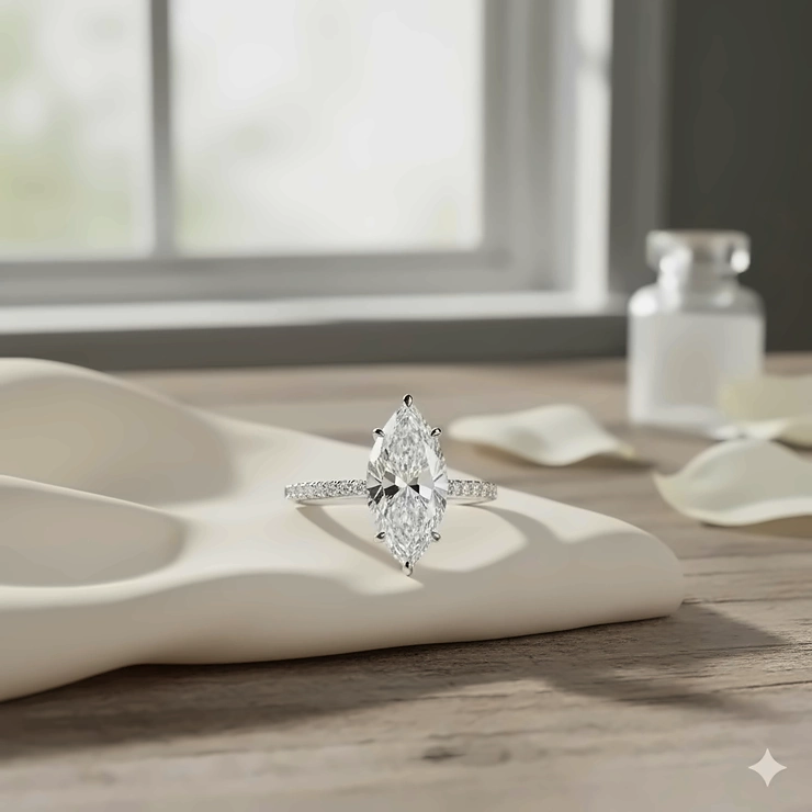 A stunning 2-carat Marquise Diamond Ring on a platinum band, highlighting the unique elongated cut and brilliant facets. Ideal for those seeking an elegant 1 to 3 carat engagement ring. 1 to 3 Carat Marquise Diamond Ring