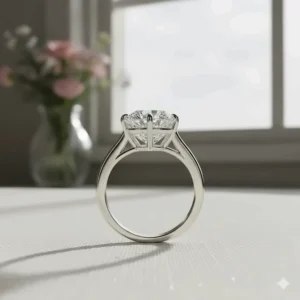 Side view of a stunning 2 carat pear shaped diamond ring showing the basket and prong setting.
