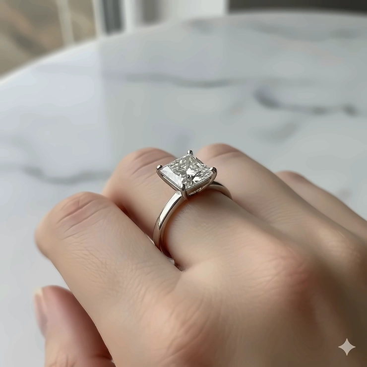 Stunning 2 carat princess cut diamond ring with a four-prong setting on a delicate band.