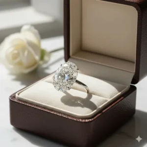The final presentation of a beautiful 6 carat oval diamond ring nestled inside a luxurious, velvet ring box.