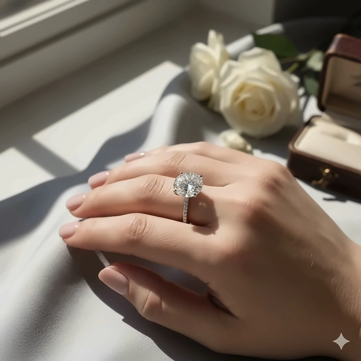 A stunning close-up of a 6 carat oval diamond ring set on a hand, showcasing the brilliant cut and large size of the center stone.