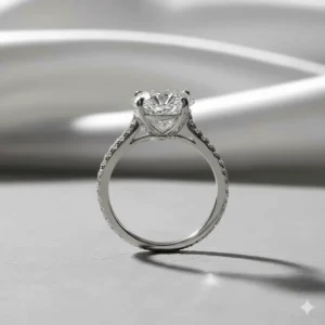 Detailed side profile view of a 6 carat oval diamond ring, highlighting the basket setting and elevated gallery.