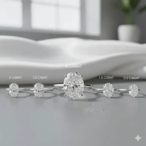 Visual comparison showing the impressive surface area of a 6 carat oval diamond ring next to smaller carat sizes.