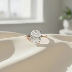 A romantic 6 carat oval diamond ring set in a trendy 18k rose gold band, offering a warmer, vintage aesthetic.