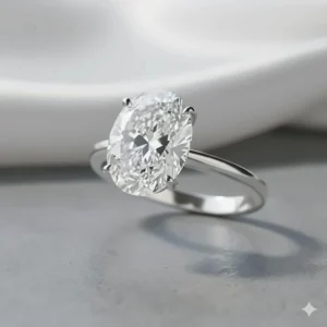 Classic 6 carat oval diamond ring in a secure platinum solitaire setting, emphasizing the diamond's shape and clarity.