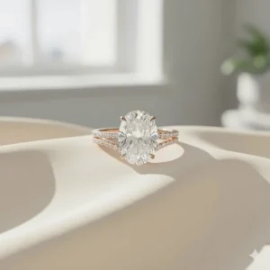 Matching 6 carat oval diamond ring engagement and wedding band set, perfectly nestled together for a complete bridal look.