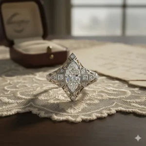 Elaborate Art Deco vintage marquise ring with intricate filigree work and geometric accents, typical of the 1920s era.