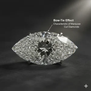 Close-up showing the subtle "bow-tie" effect, a characteristic of a large 4 to 5 carat marquise diamond, viewed under directional lighting.