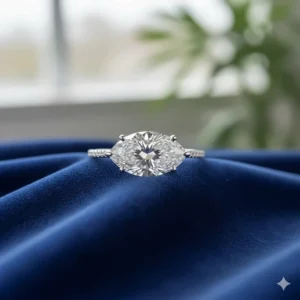 A unique 4 to 5 carat marquise engagement ring set horizontally (east-west), offering a modern alternative to the traditional vertical setting.