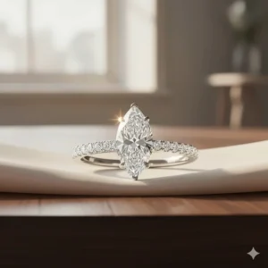 Elegant white gold Marquise Diamond Ring featuring a dazzling pave-set diamond band, perfect for a luxurious 1 to 3 carat look.