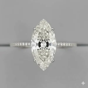 Direct top-down view of the brilliant cut facets of a high-clarity 4 to 5 carat marquise diamond.