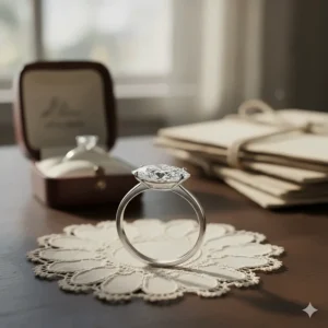 Modern take on a vintage marquise diamond set horizontally (East-West) across the finger for a contemporary engagement ring style.