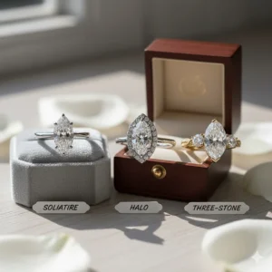 Visual comparison of popular marquise engagement rings settings: halo, three-stone, and classic solitaire.