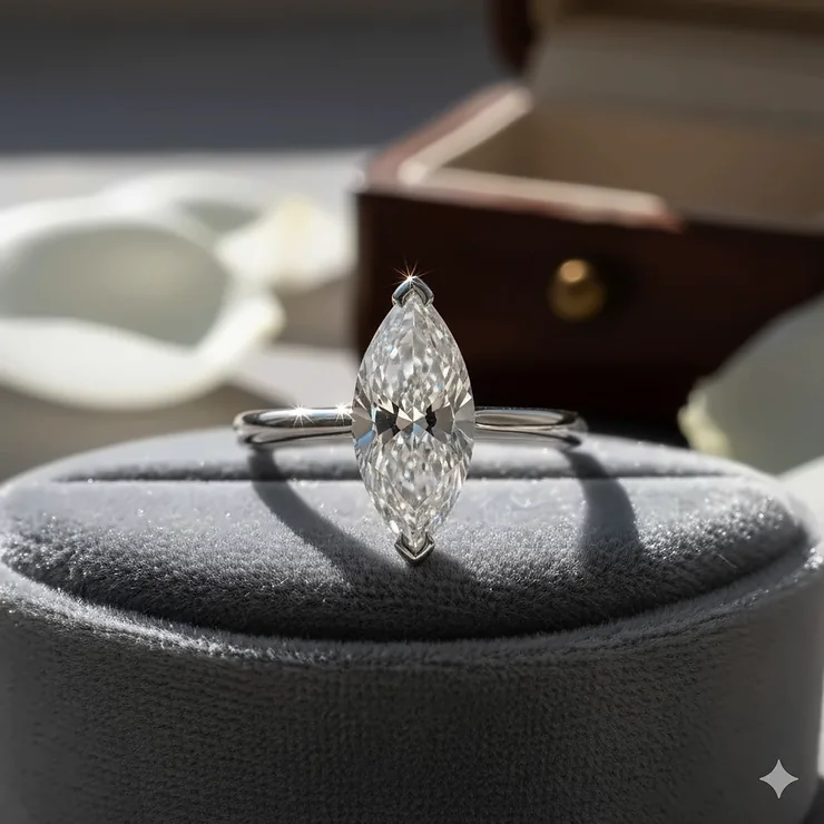 Stunning solitaire marquise engagement ring set in white gold, showcasing the elegant elongated diamond cut.