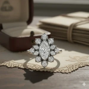 A unique vintage marquise cluster ring where small diamonds form a floral design around the central stone.