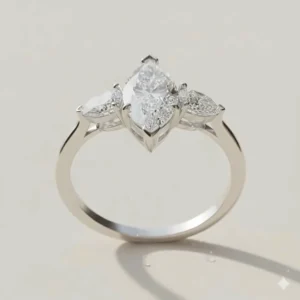 Detailed illustration of the unique setting style for a three stone marquise engagement ring.