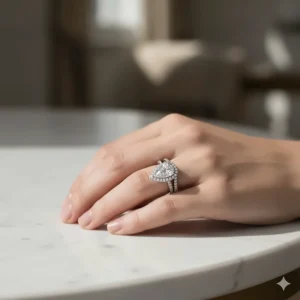 Bridal set showcasing the pear halo engagement ring paired perfectly with a curved diamond wedding band.